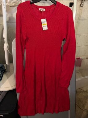 Style & Co. Red Ribbed Long-Sleeve Midi Dress